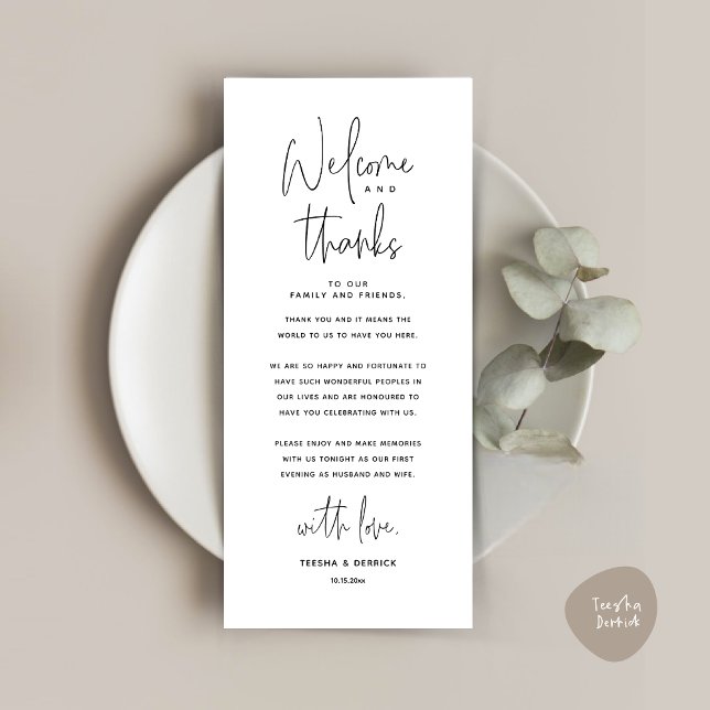 Welcome and Thanks, Place Setting Thank You Card (Welcome and Thanks, Wedding Dinner Place Setting Thank You Card, in Classy Black and White)