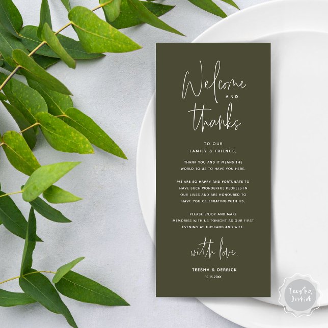 Welcome and Thanks, Place Setting Thank You Card (Welcome and Thanks, Wedding Dinner Place Setting Thank You Card in Olive Green)