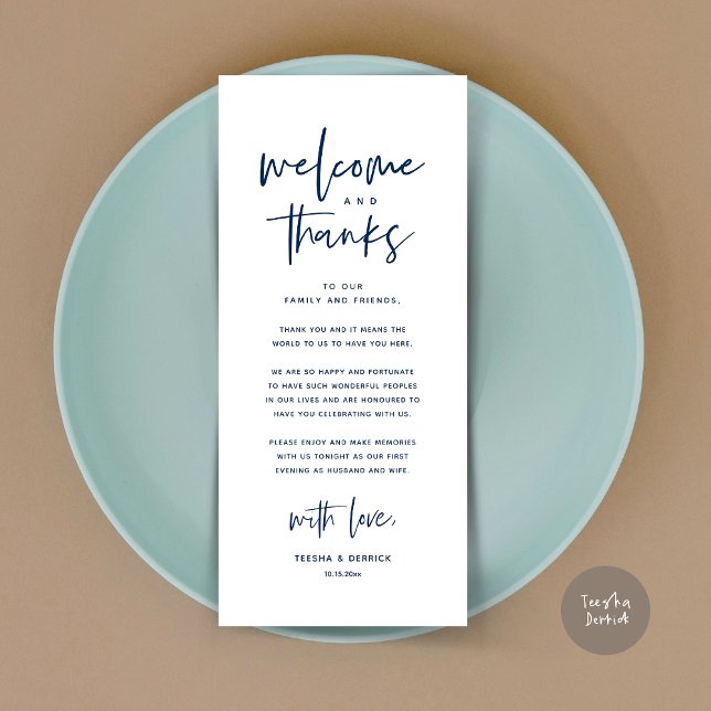 Welcome and Thanks, Place Setting Thank You Card (Welcome and Thanks, Modern Wedding Dinner Brunch Party Place Setting Thank You Card Navy Blue)