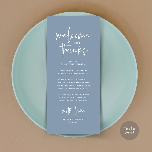 Welcome and Thanks, Place Setting Thank You Card (Welcome and Thanks, Modern Wedding Dinner Brunch Party Place Setting Thank You Card Dusty Blue)