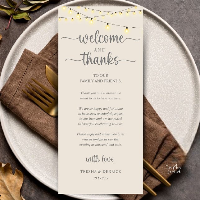 "Welcome and Thanks" Rustic Reception Guest Card ("Welcome and Thanks" Rustic Reception dinner Guest thank you Card in string lights cream grey)