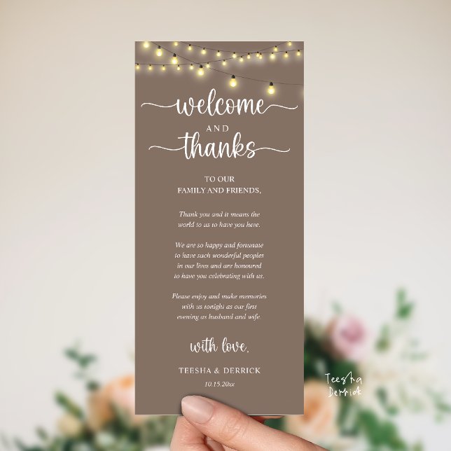 "Welcome and Thanks" Rustic Reception Guest Card ("Welcome and Thanks" Rustic Reception dinner Guest thank you Card in string lights taupe)