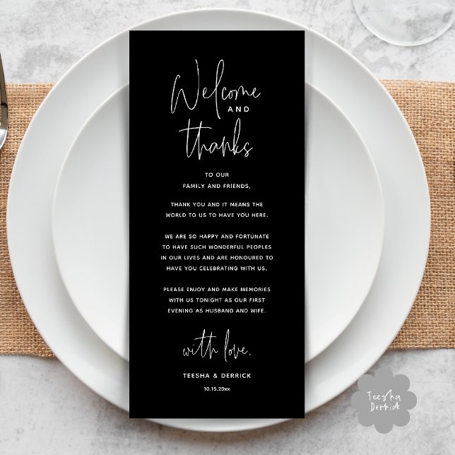 Welcome and Thanks, Wedding Dinner Thank You Card (Welcome and Thanks, Wedding Dinner Thank You Card in Black and White)