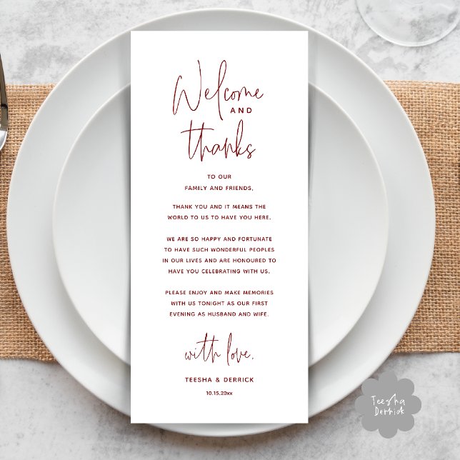 Welcome and Thanks, Wedding Dinner Thank You Card (Welcome and Thanks, Wedding Dinner Thank You Card in Burgundy Wine Deep Red)