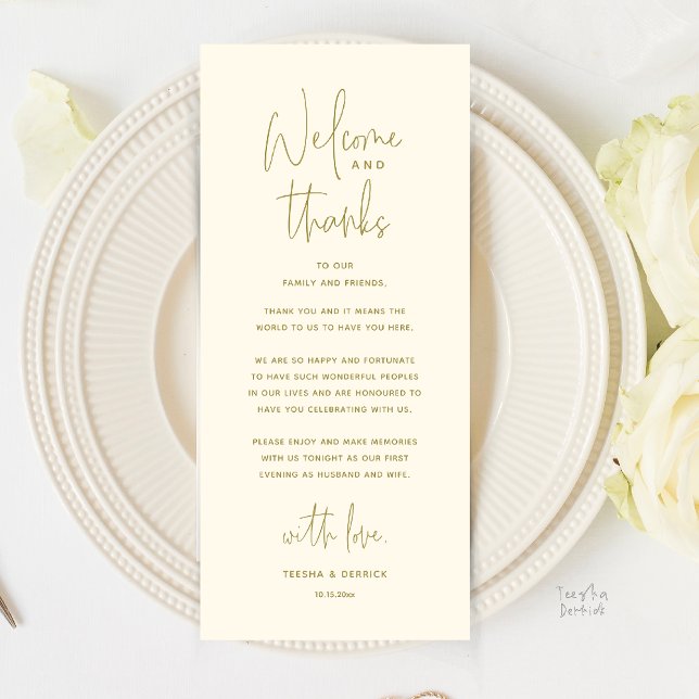 Welcome and Thanks, Wedding Dinner Thank You Card (Welcome and Thanks, Wedding Dinner Thank You Card in Yellow Gold)