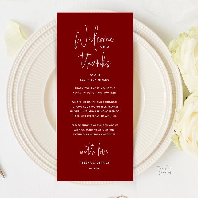 Welcome and Thanks, Wedding Dinner Thank You Card (Welcome and Thanks, Wedding Dinner Thank You Card in Burgundy Wine Deep Red)
