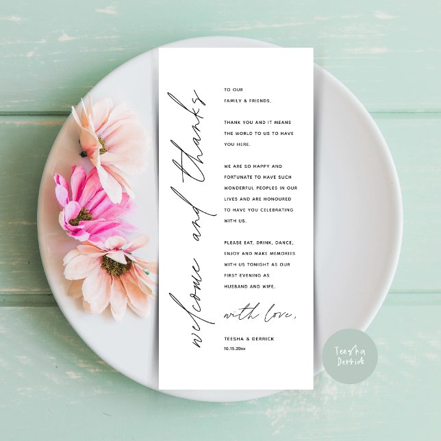 Welcome and Thanks Wedding Dinner Thank You Card (Welcome and Thanks, Wedding Dinner Place Setting Thank You Card in Modern Classy White Black)