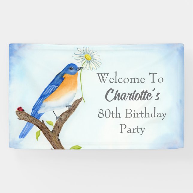Welcome Any Age Happy April Birthday with Bluebird Banner (Horizontal)