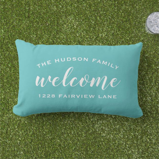 Welcome Aqua Blue Personalised Family Name Address Lumbar Cushion (Grass)