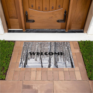 Welcome Aspens Trunks Snow Blend Photograph Doormat