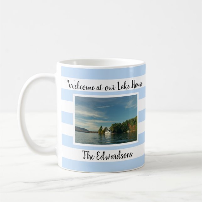 Welcome at your lake house family name photo coffee mug (Left)