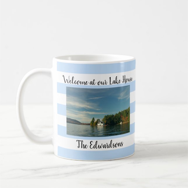 Welcome at your lake house family name photo coffee mug (Left)