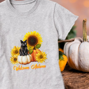 Welcome Autumn Black Cat Sunflowers Pumpkins T-Shirt