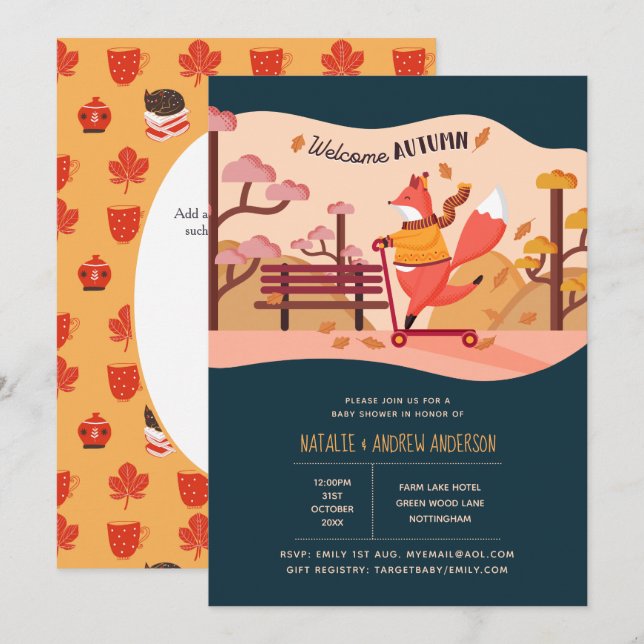 Welcome Autumn Cosy Fox Folk Art Baby Shower Invitation (Front/Back)