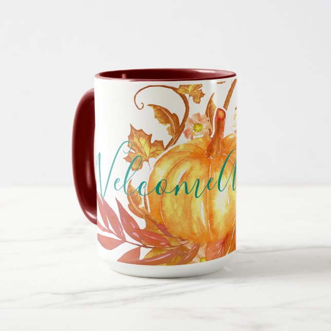 Welcome Autumn Fall Pumpkin Leaves Vines Mug (Front Left)