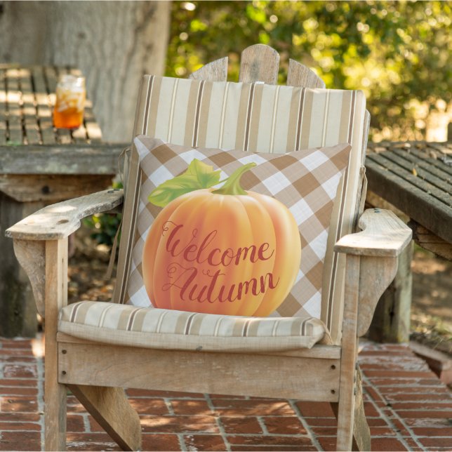 Welcome Autumn Harvest Pumpkin On Gingham Cushion (Chair)