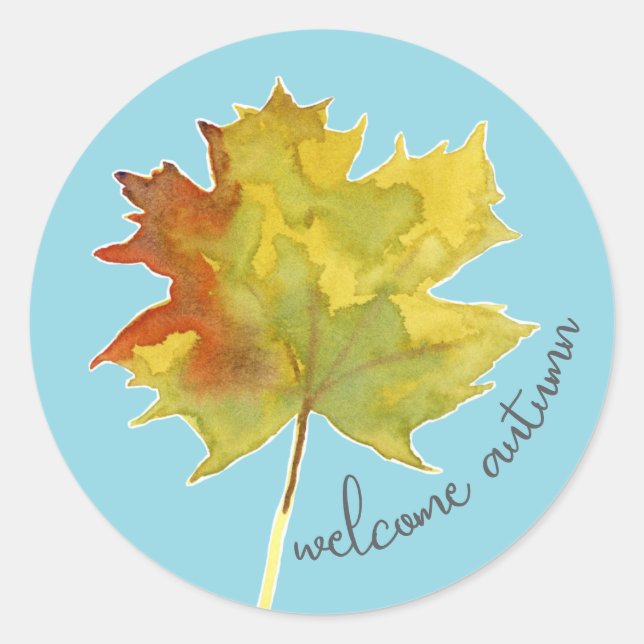 Welcome Autumn Maple Leaf Watercolor Blue Classic Round Sticker (Front)