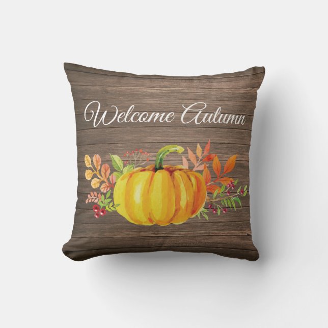Welcome Autumn Rustic Watercolor Pumpkin Cushion (Front)
