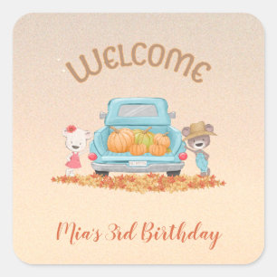WELCOME Autumn Theme Bears Truck Pumpkins Leaves Square Sticker