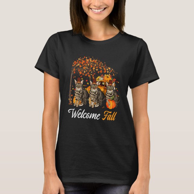 Welcome Autumn Tree Three Cats With Pumpkins  Matc T-Shirt (Front)