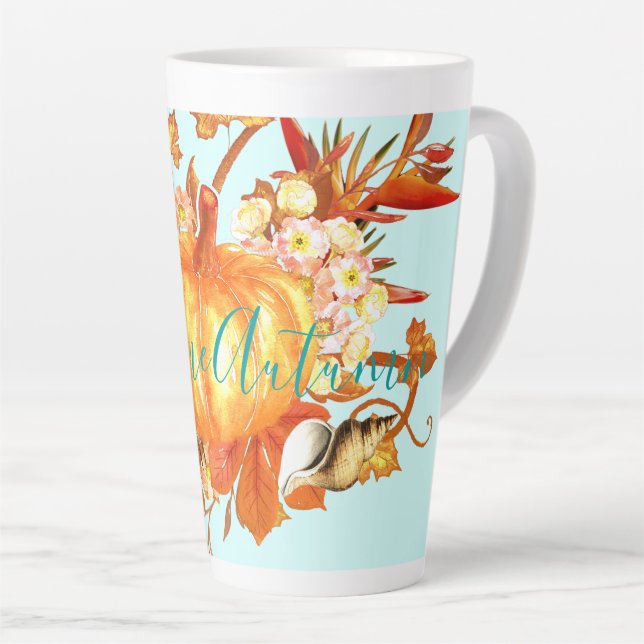 Welcome Autumn Tropical Fall Pumpkin Seashell Latte Mug (Right Angle)