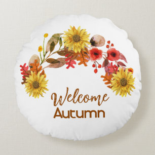 Welcome Autumn Watercolor Flower Swag Seasonal Round Cushion