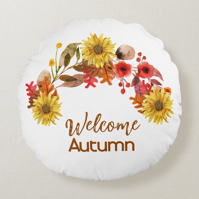 Welcome Autumn Watercolor Flower Swag Seasonal  Round Cushion (Front)