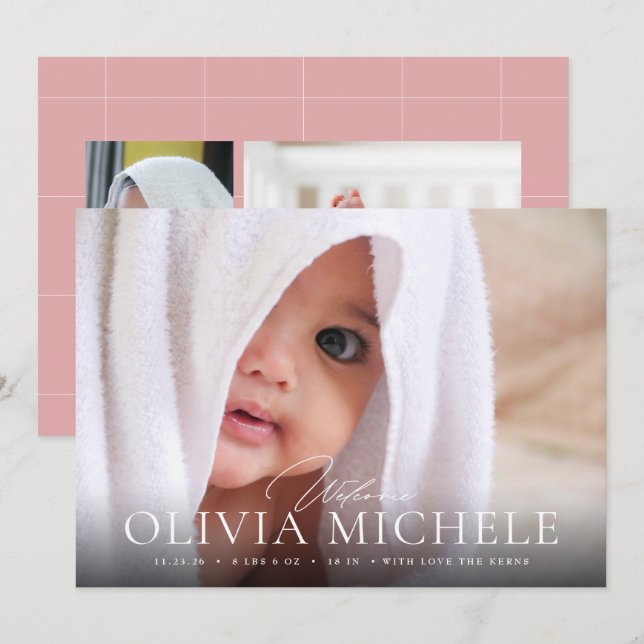 Welcome Baby Birth Photo Announcement Boy Girl  (Front/Back)