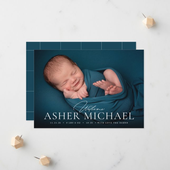 Welcome Baby Birth Photo Announcement Boy Girl  (Front/Back In Situ)