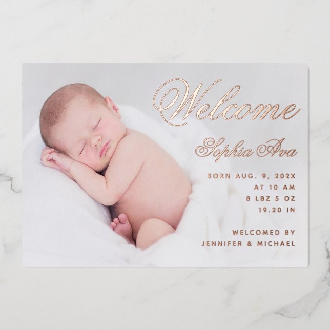Welcome Baby Birth Photo Elegant Script Rose Gold  (Front)