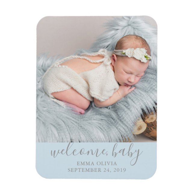 Welcome, Baby | Blue Birth Announcement Photo Magnet (Vertical)