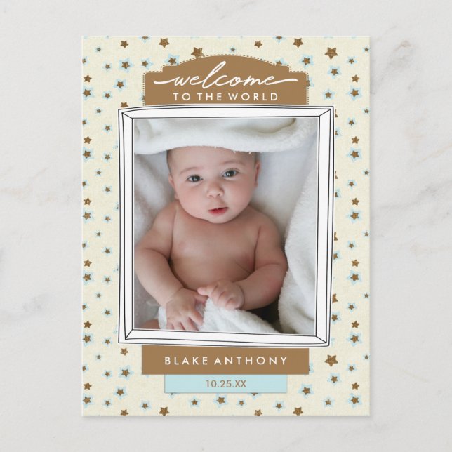 Welcome Baby Boy Birth Announcement Blue Stars (Front)