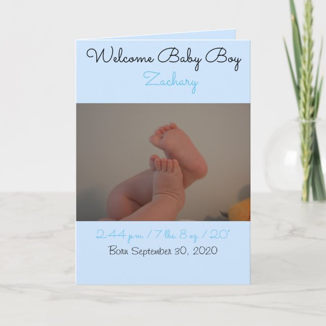 Welcome Baby Boy Birth Stats Photo Card (Front)
