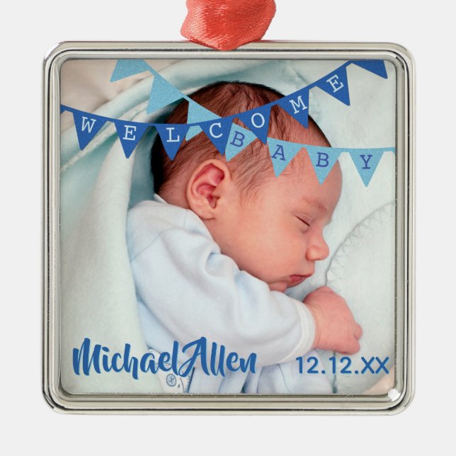 Welcome Baby Boy Blue Banners | Date, Name, Photo Metal Tree Decoration (Front)