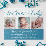 Welcome Baby Boy Blue Cute Newborn Photo Gift Jigsaw Puzzle<br><div class="desc">Welcome baby. A classic baby boy photo birth announcement puzzle in cerulean blue with beautiful cursive typography above your sweet newborn photograph collage.</div>