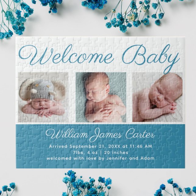 Welcome Baby Boy Blue Cute Newborn Photo Gift Jigsaw Puzzle (Creator Uploaded)