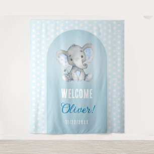 Welcome Baby Boy Blue Elephant Photo Backdrop Tapestry