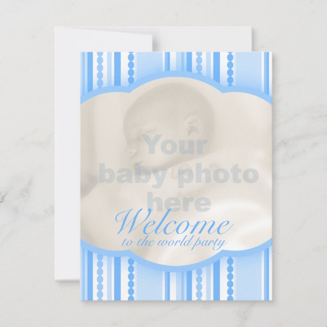 Welcome baby boy blue party photo invitation card (Front)