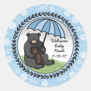 Welcome Baby Boy Mama Bear and Cub Personalised Classic Round Sticker