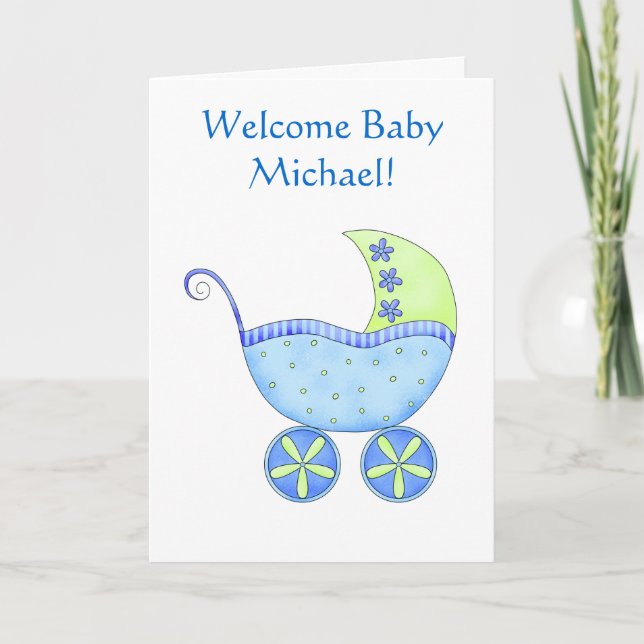 Welcome Baby Boy Name Personalised Blue Buggy Card (Front)