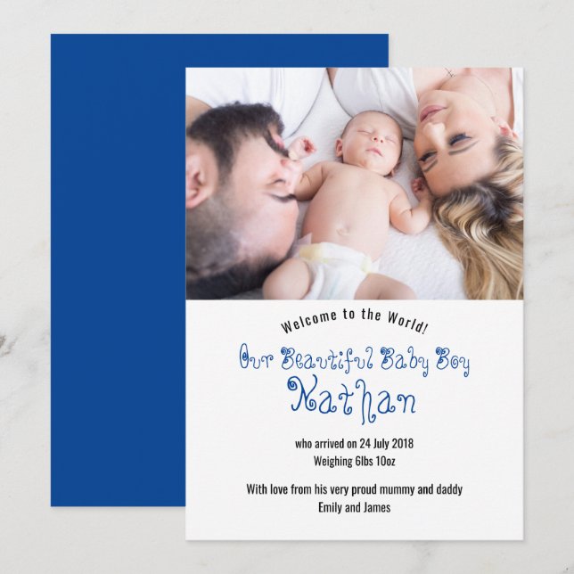 Welcome Baby Boy Photo Announcement Card (Front/Back)