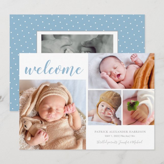 Welcome Baby Boy Photo Collage Birth Announcement (Front/Back)