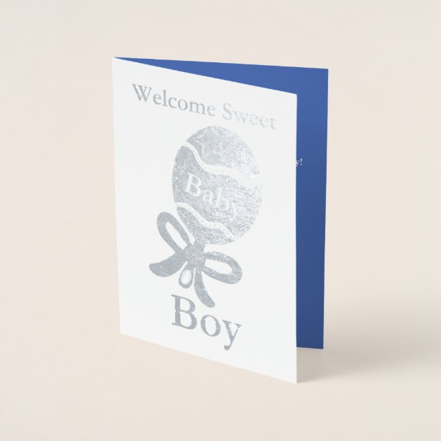 Welcome Baby Boy Silver Foil Greeting Card (Front)