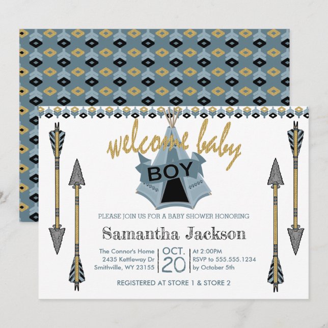 Welcome Baby Boy - Teepee and Arrows Invitation (Front/Back)