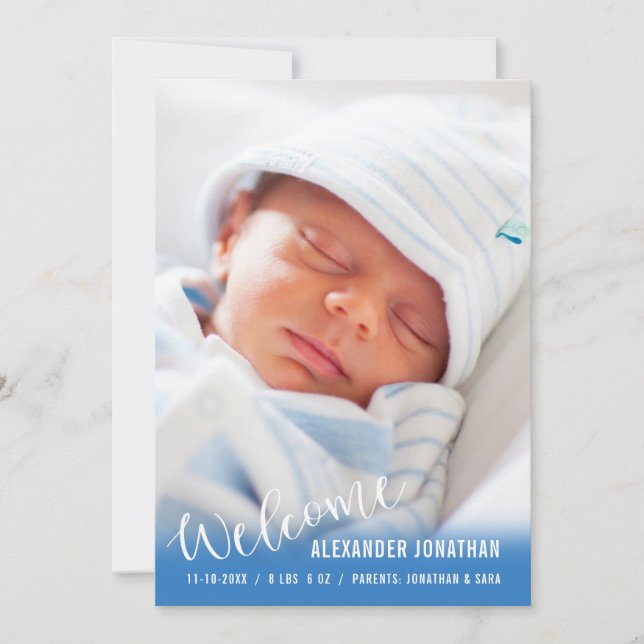 Welcome Baby Boy Vertical Photo Announcement (Front)
