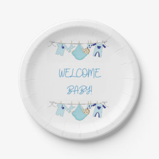 Welcome Baby Clothesline Paper Plates - Baby Boy