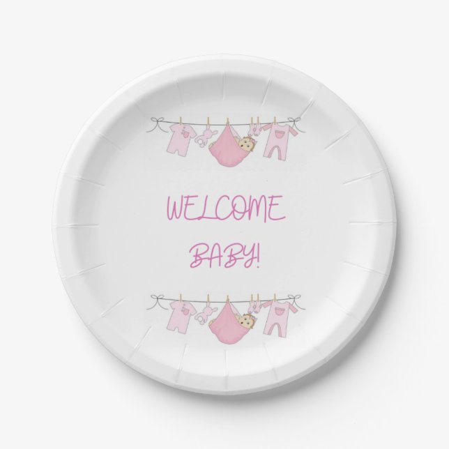 Welcome Baby Clothesline Paper Plates - Baby Girl (Front)