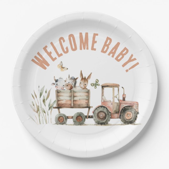 Welcome Baby Country Farm Floral Paper Plate (Front)