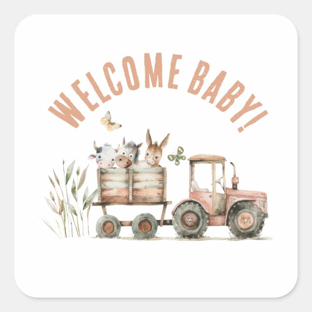 Welcome Baby Country Farm Floral Paper Plate Square Sticker (Front)