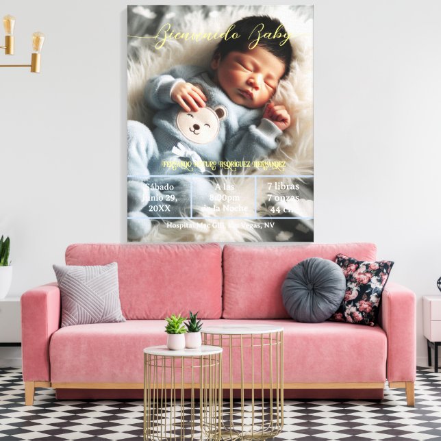 Welcome Baby | Custom Photo Newborn Stats Spanish  Canvas Print (Insitu(LivingRoom))